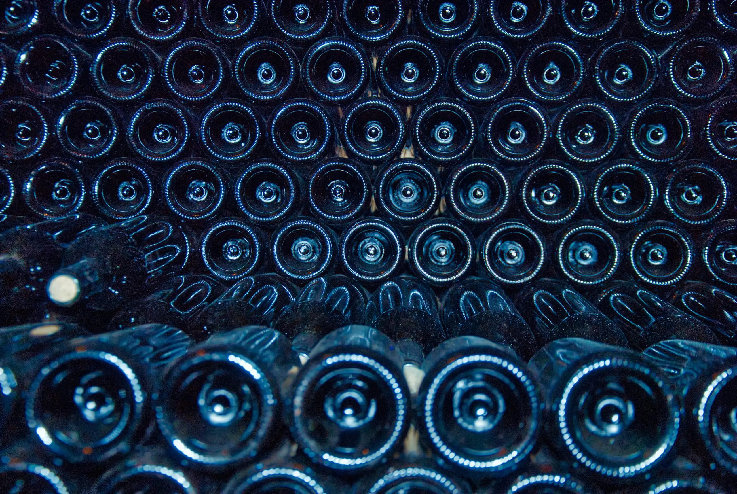 Close-up view of wine bottles stored in a cellar with dark blue lighting.