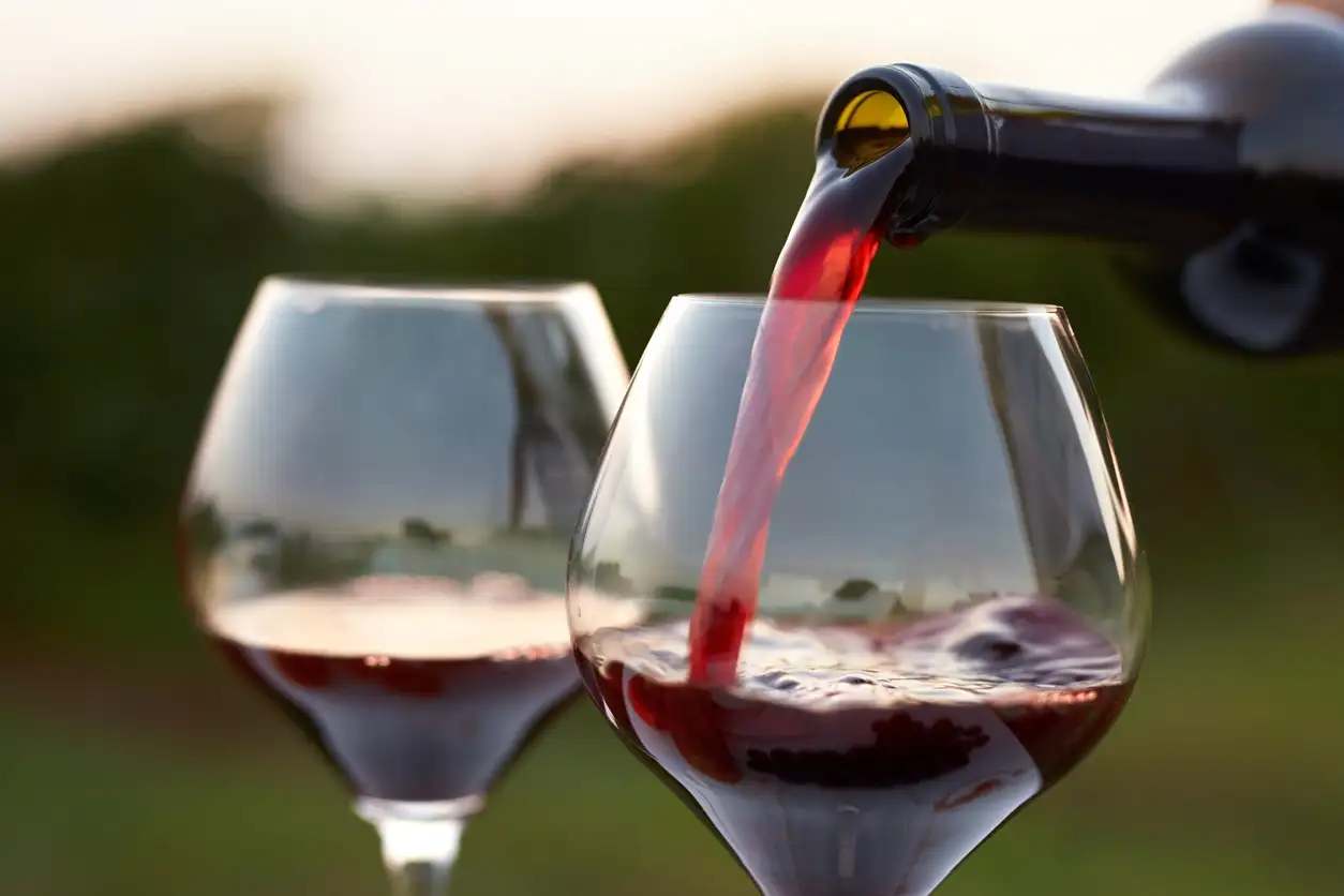 Red wine being poured from a bottle into a wine glass with another glass in the background at an outdoor vineyard tasting.