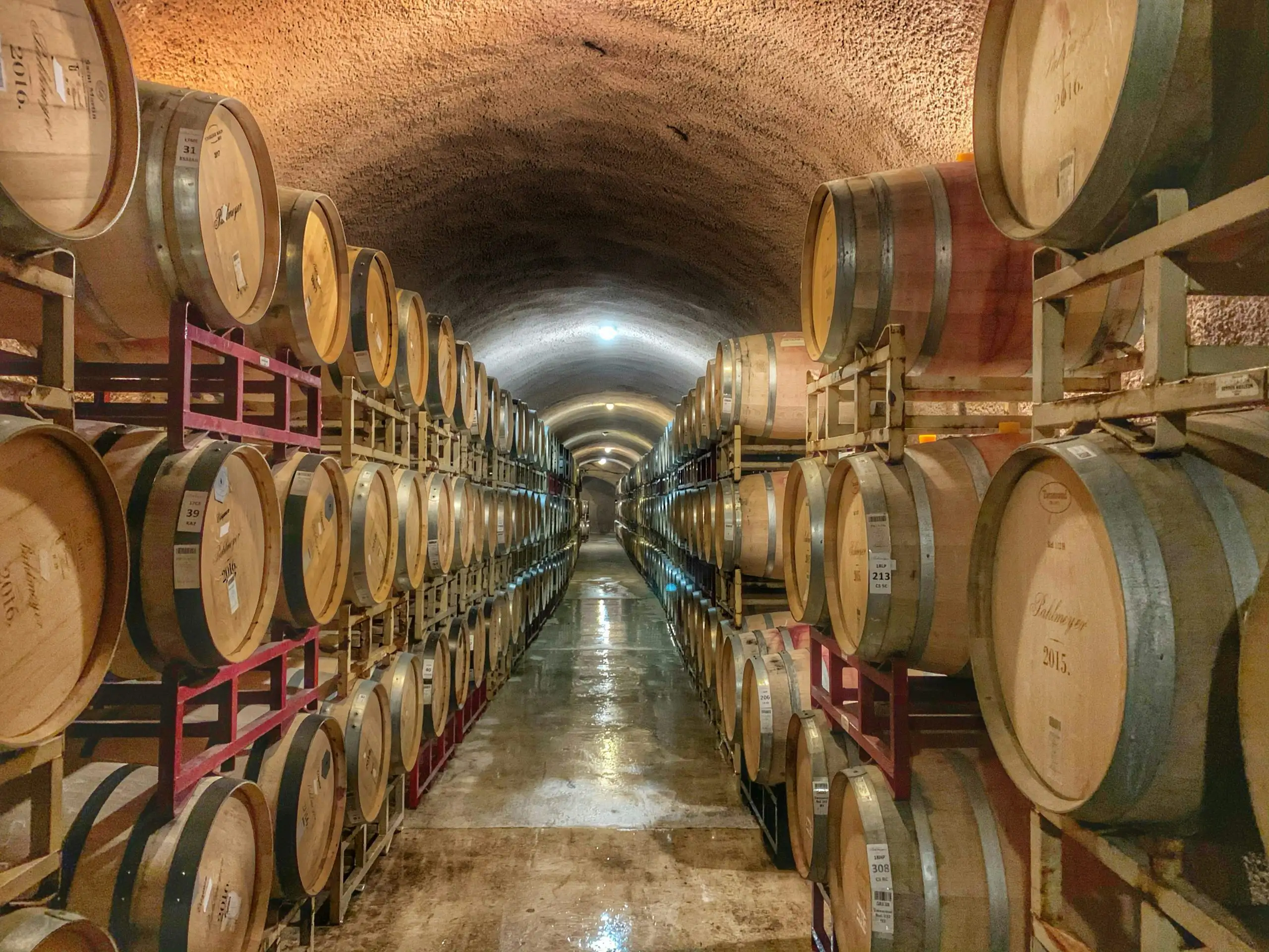Wine barrels stored in a long, dimly lit aging tunnel